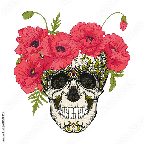 Sugar skull with decorative pattern and a wreath of red poppies. Stock line vector illustration.