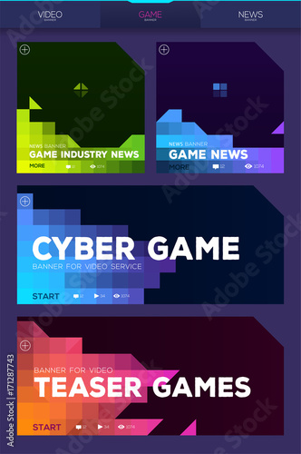 Colorful cyber game banners for video services or games news. Pixel style. Vector illustration