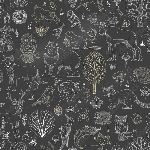 Vector chalk woodland seamless pattern on blackboard background.