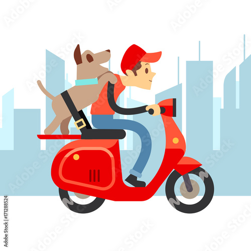 Travel with pets - young man on moto with dog and city landscape