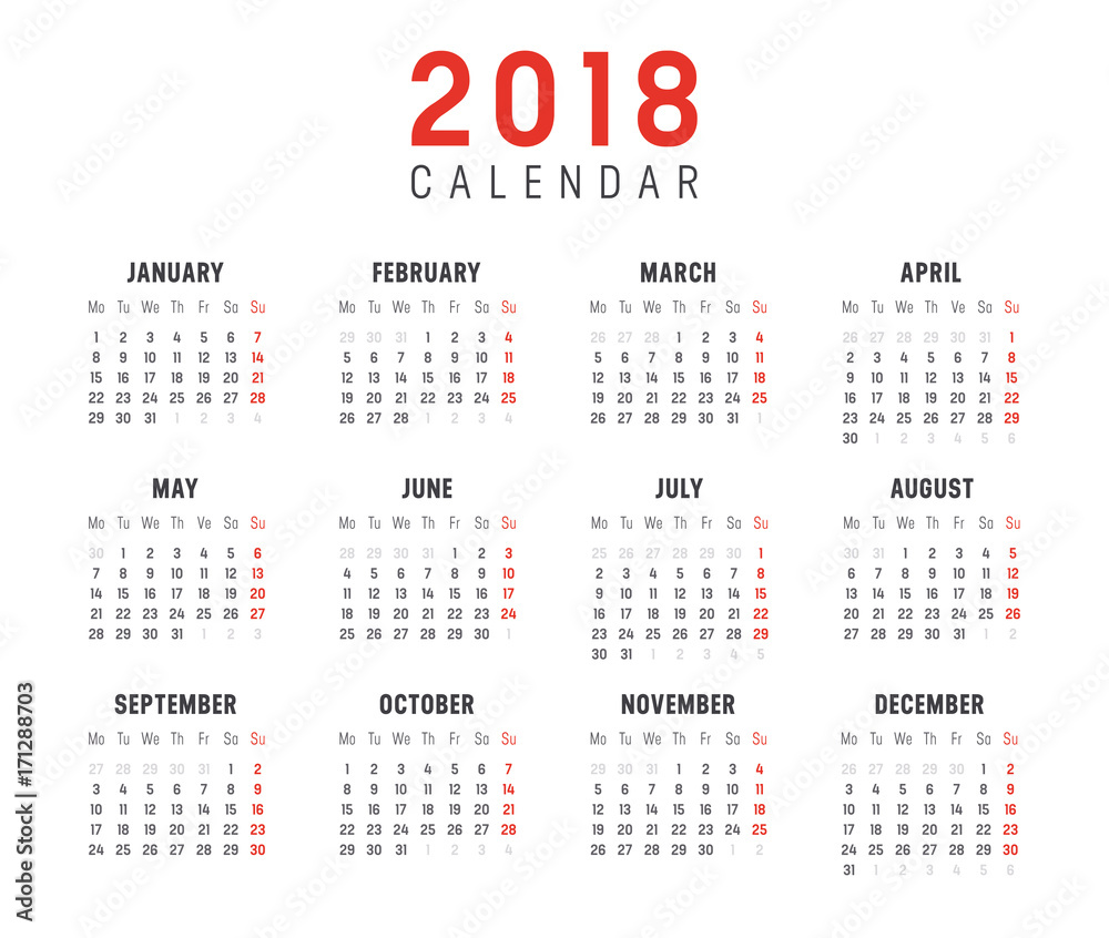Year 2018 calendar vector template Year 2018 calendar vector template
