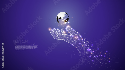 Hand carring under the world. Abstract vector illustration hand and motion