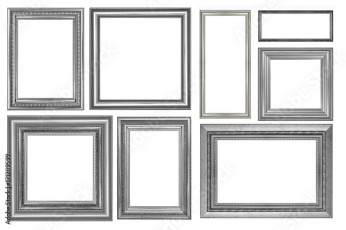 collection of vintage silver picture frame isolated.