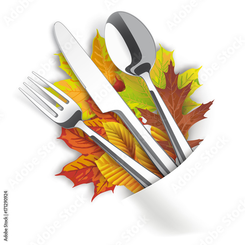 White Convert Napkin Fork Knife Spoon Autumn Foliage
