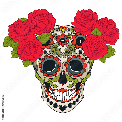 Sugar skull with decorative pattern and a wreath of red roses. Stock line vector illustration.