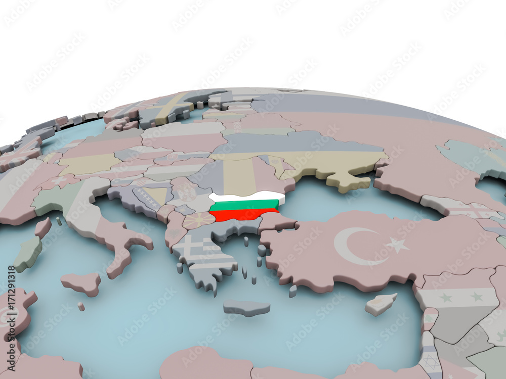 Political map of Bulgaria on globe with flag