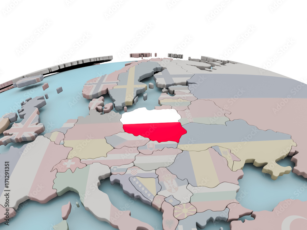 Political map of Poland on globe with flag
