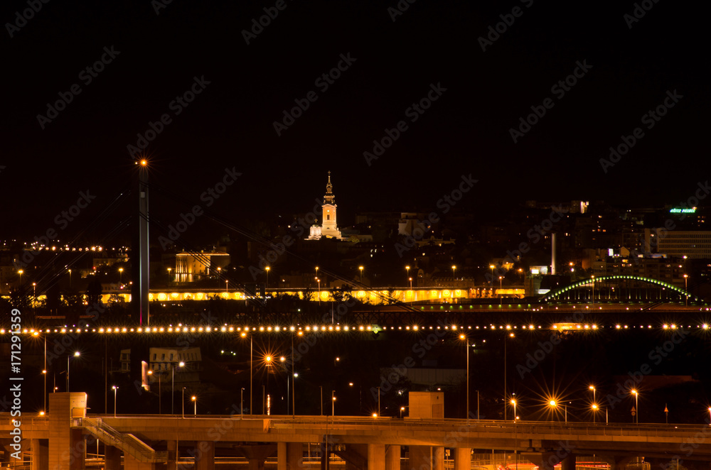 Night scene from Sava river of Belgrade downtown with Serbian orthodox cathedral in the middle, Serbia