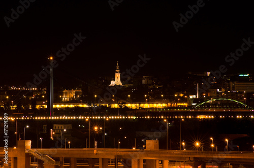 Night scene from Sava river of Belgrade downtown with Serbian orthodox cathedral in the middle, Serbia