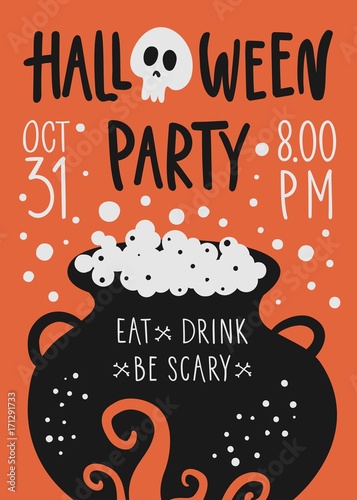 Vector Halloween party poster template with witches cauldron