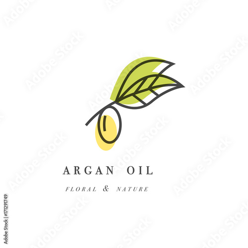Vector set of packaging design templates and emblems in linear style - beauty and cosmetics oils - argan