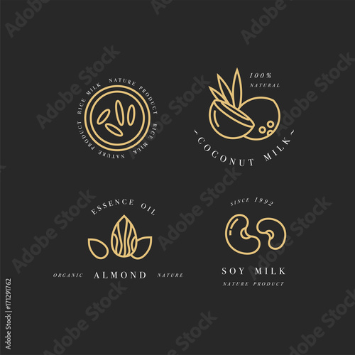Vector set of packaging design elements and icons in linear style - almond, coconut, rice and soy milk