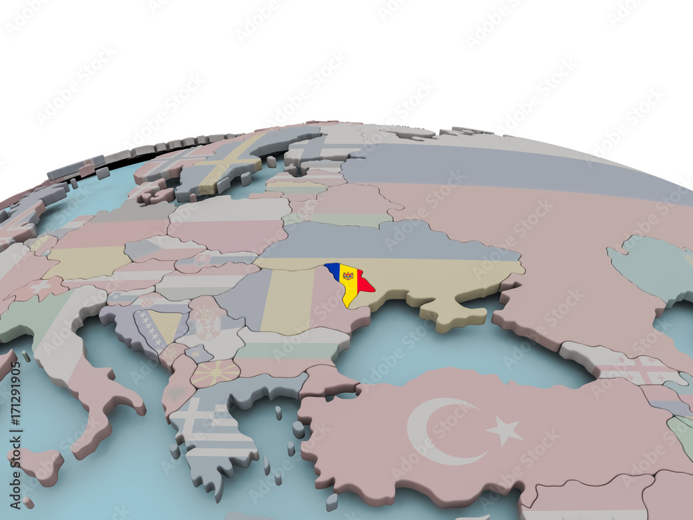 Political map of Moldova on globe with flag