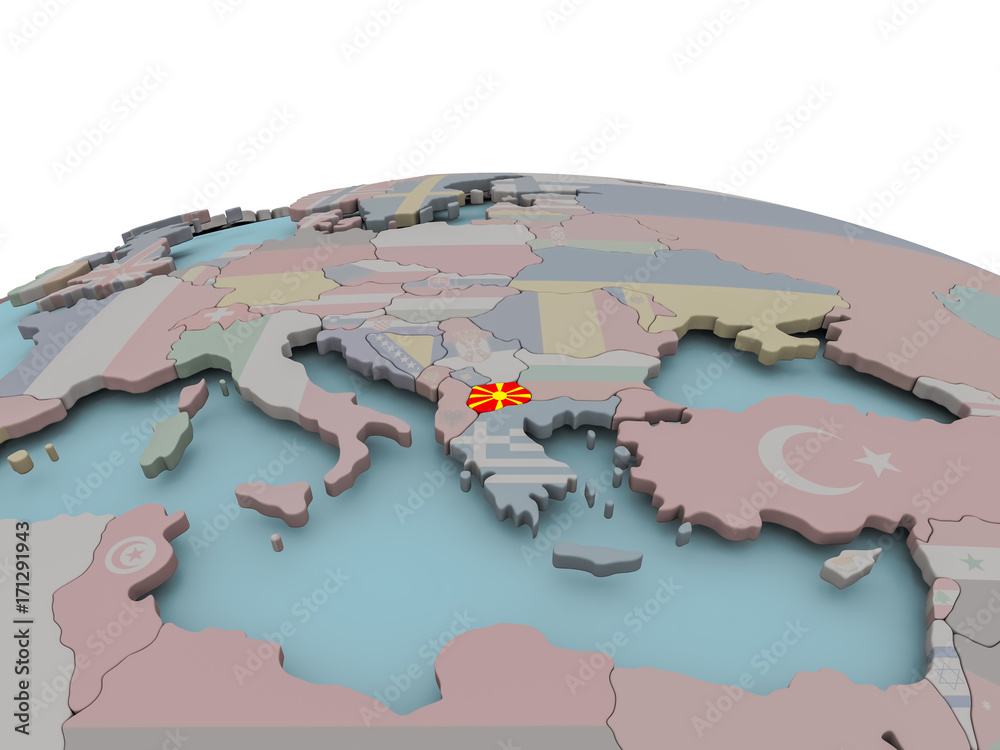 Political map of Macedonia on globe with flag