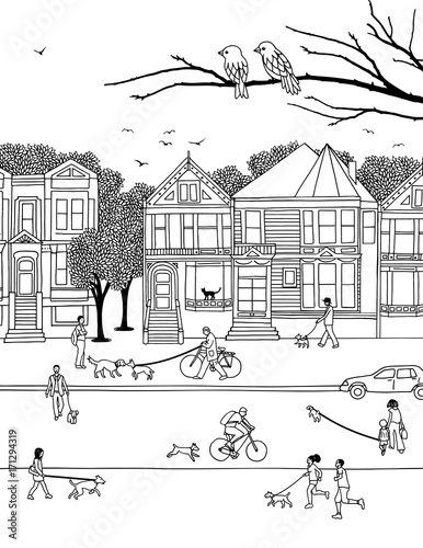 Hand drawn little people walking their dogs on leashes through the street, black and white illustration