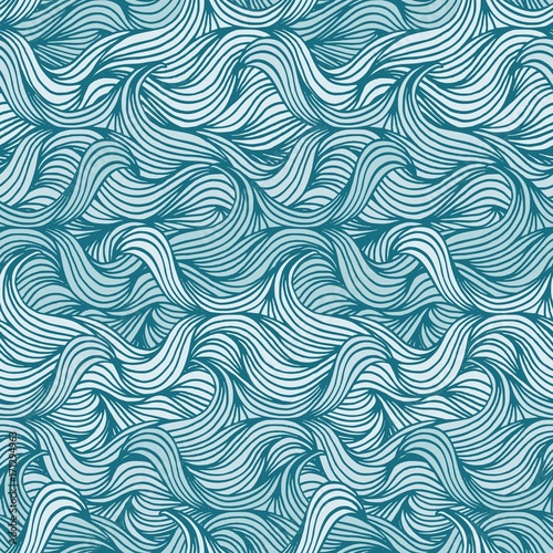 Hand drawn seamless wave pattern in blue