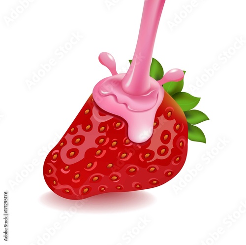 Strawberry fruit with juice splash. Delicious food icon Vector