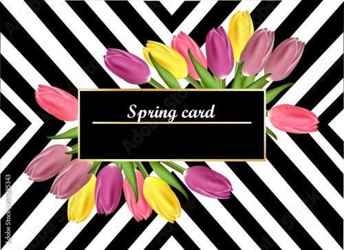 Tulips card striped background. Vector realistic flowers illustration for wom...