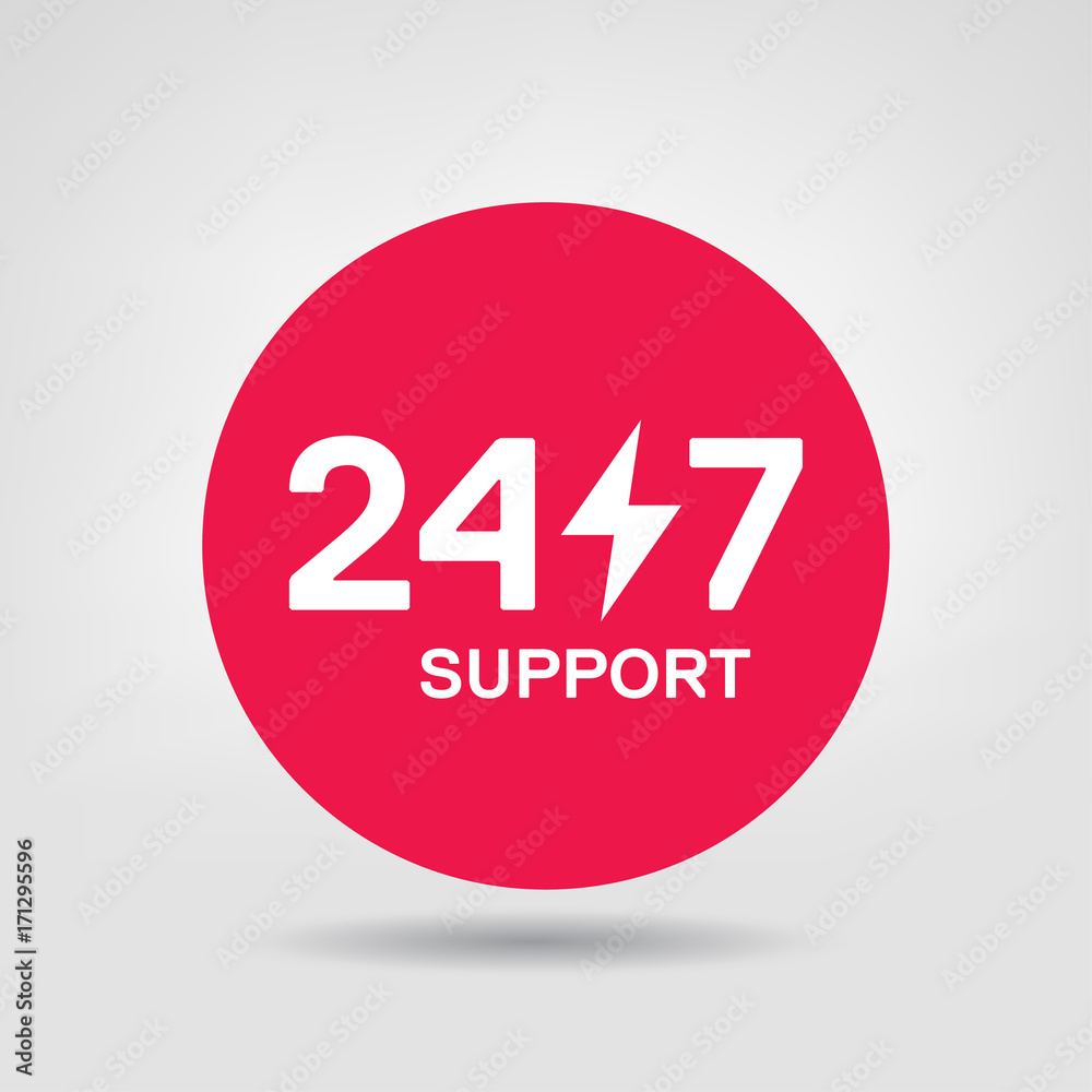 24 hours / 7 days per week. Support Online Service Red Circle Design Element. Vector Sticker