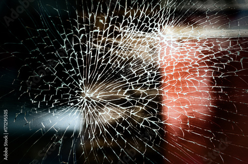 crack from impact on the glass. Broken showcase