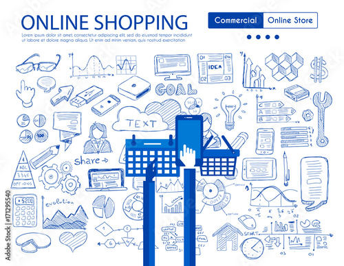 Online Shopping concept with Business Doodle design style: online carts, sales and offers, best timing.