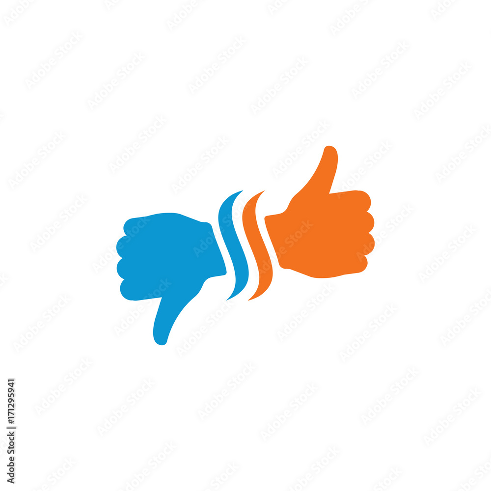 Hand Thumb Up and down icon flat. Illustration isolated on white background. Vector blue and orange sign symbol. Network abstract communication symbols.