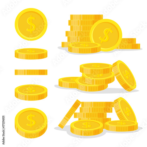 Set coins stack vector illustration, icon flat finance heap, dollar coin pile. Golden money standing on stacked, gold piece isolated on white background - flat style