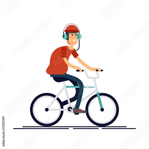 Cool vector character design on young man riding bike. Stylish male hipster on bicycle