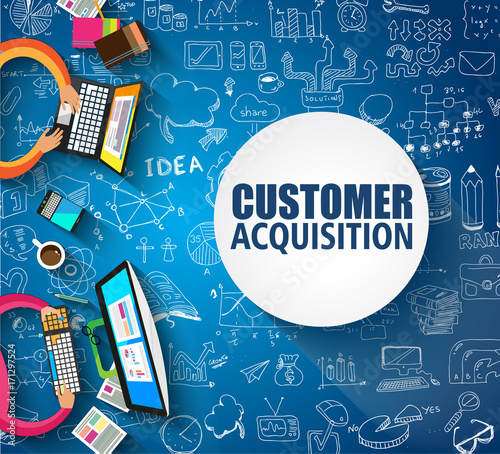 Customer Acquisition concept with Doodle design style:people inteview, shop testing, clear selection