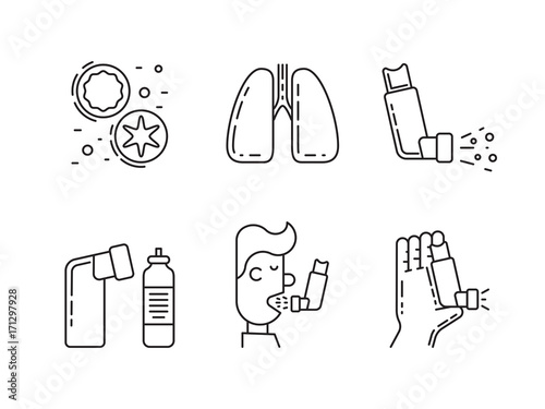 Vector icons on the theme of asthma isolated on white background in outline style