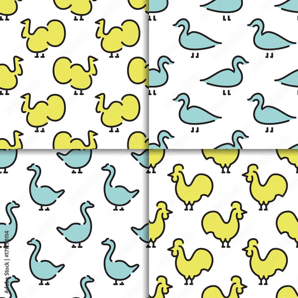 Set of vector seamless patterns with animals and birds. Children vector patterns for printing on fabric in the printing industry and as the background