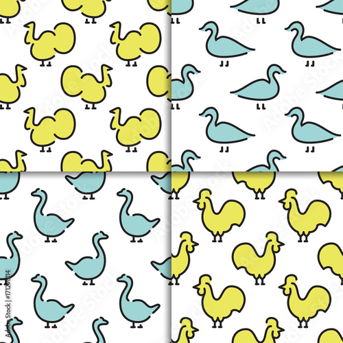 Set of vector seamless patterns with animals and birds. Children vector patterns for printing on fabric in the printing industry and as the background