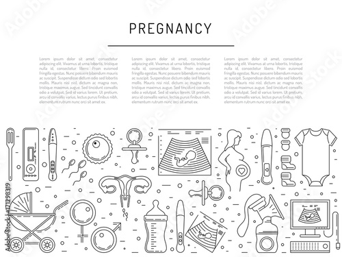 Vector icons pregnancy, obstetrics, gynecology outline icons. Medicine symbols mother, newborn health care, diagnostic equipment. Vector banner isolated on white background with place for text