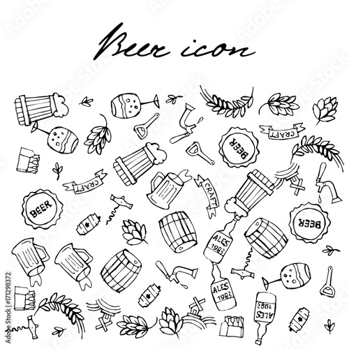 Set of beer related doodle icons. Hand drawn sketches.