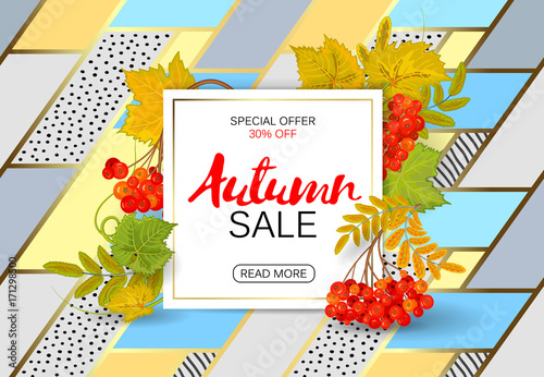 Autumn sale poster with bright colorful leaves, sheet of white paper with lettering. Vector illustration photo