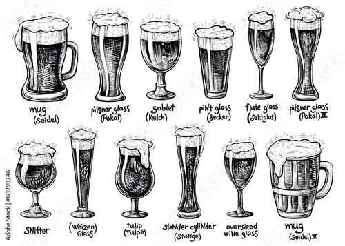 Beer glass and mugs types. Vector hand drawn vintage illustrations.
