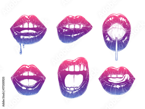 Woman's lip gestures set. Girl mouths close up different emotions