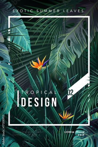 Bright tropical background with jungle plants. Exotic pattern with tropical leaves