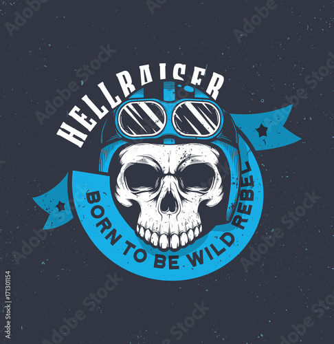 Vintage motorcycle graphics. Biker t-shirt. Motorcycle emblem. Monochrome skull