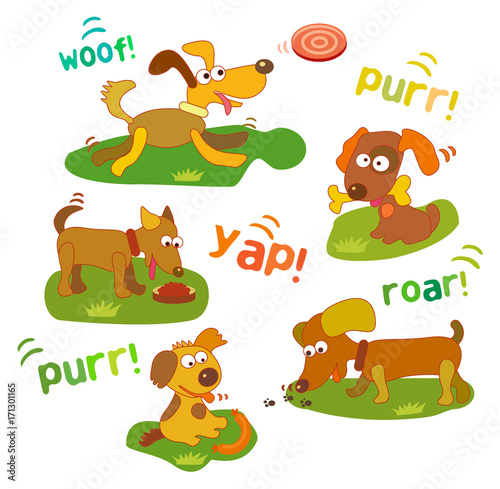 Dogs in cartoon style. Dog playing with a flying disc, eats from a bowl, holding the bone, on the footmark, looking at the sausage. eps8