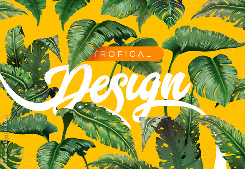 Bright tropical background with jungle plants. Exotic pattern with tropical leaves