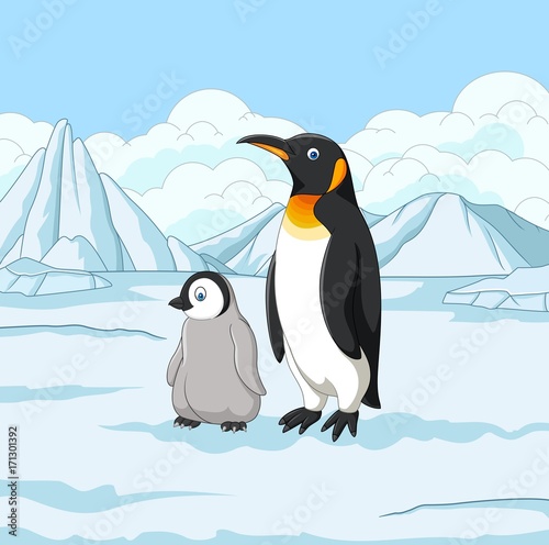 Cartoon mother and baby penguin on snowy field