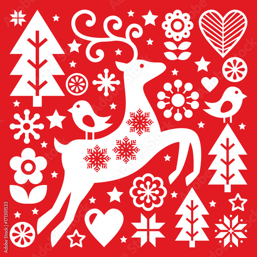 Christmas white Scandinavian folk art on red, reindeer, birds and flowers decoration or greetings card 