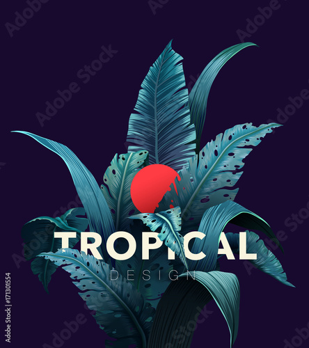 Bright tropical background with jungle plants. Exotic pattern with tropical leaves