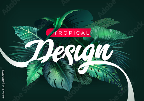 Bright tropical background with jungle plants. Exotic pattern with tropical leaves