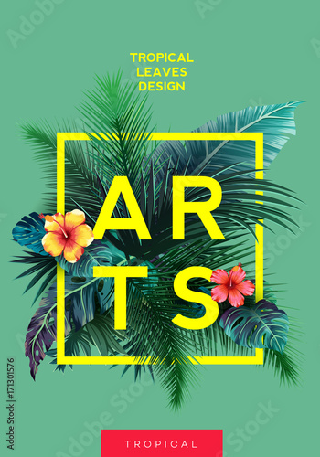 Bright tropical background with jungle plants. Exotic pattern with tropical leaves