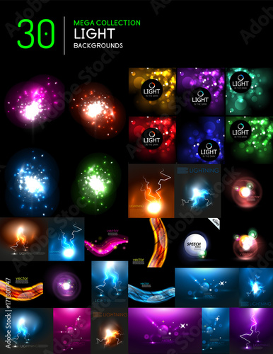 Set of glowing lines and waves in darkness