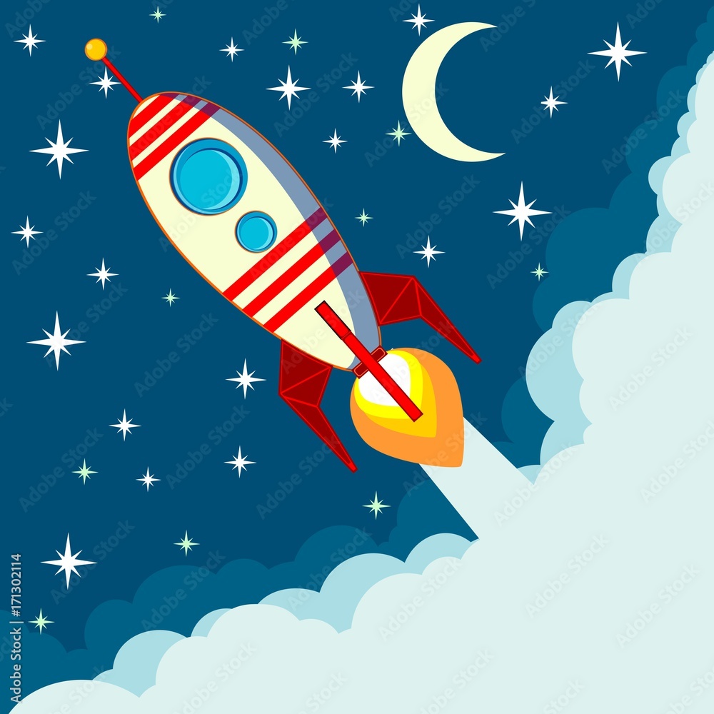 Space rocket flying in space with moon and stars on background print vector illustration
