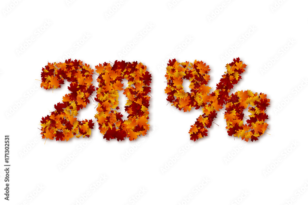 20 percent autumn leaves sale sign. 20 percent autumn leaves sale sign.