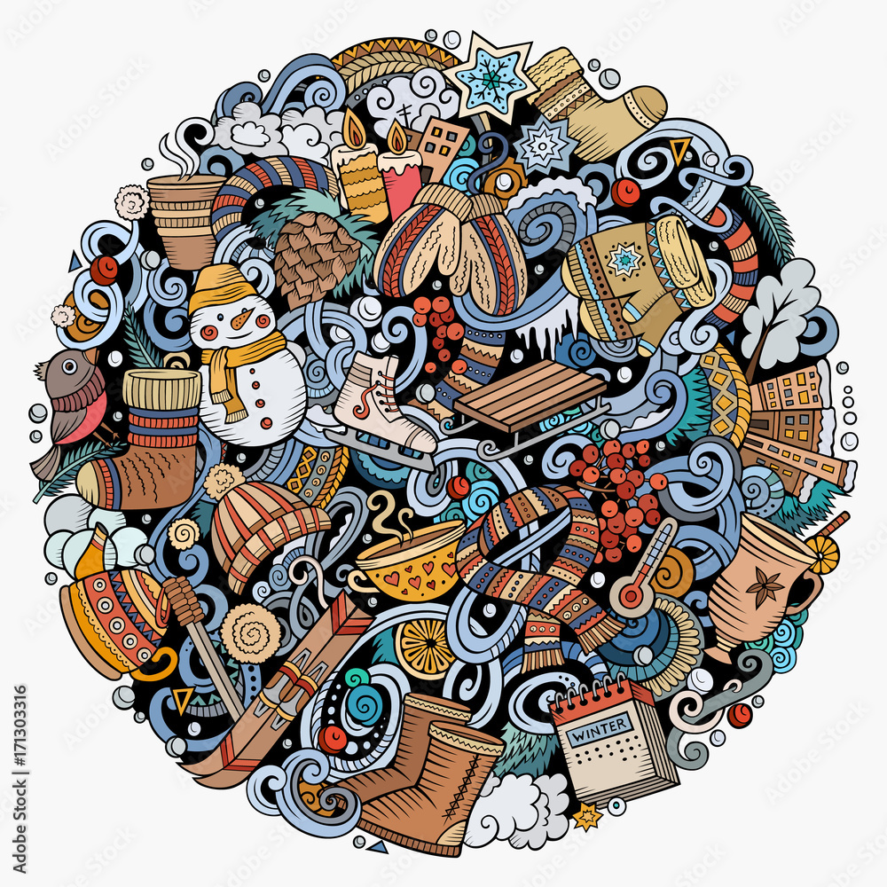 Fototapeta premium Cartoon vector doodles Winter illustration